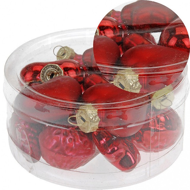Vánoční ozdoby skleněné červené, 4 druhy, 3x4cm, 14ks v plastovém boxu